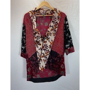 JOHN MARK Burgundy Floral Sweater velvet Lace burnout‎ Kimono Shrug Size S